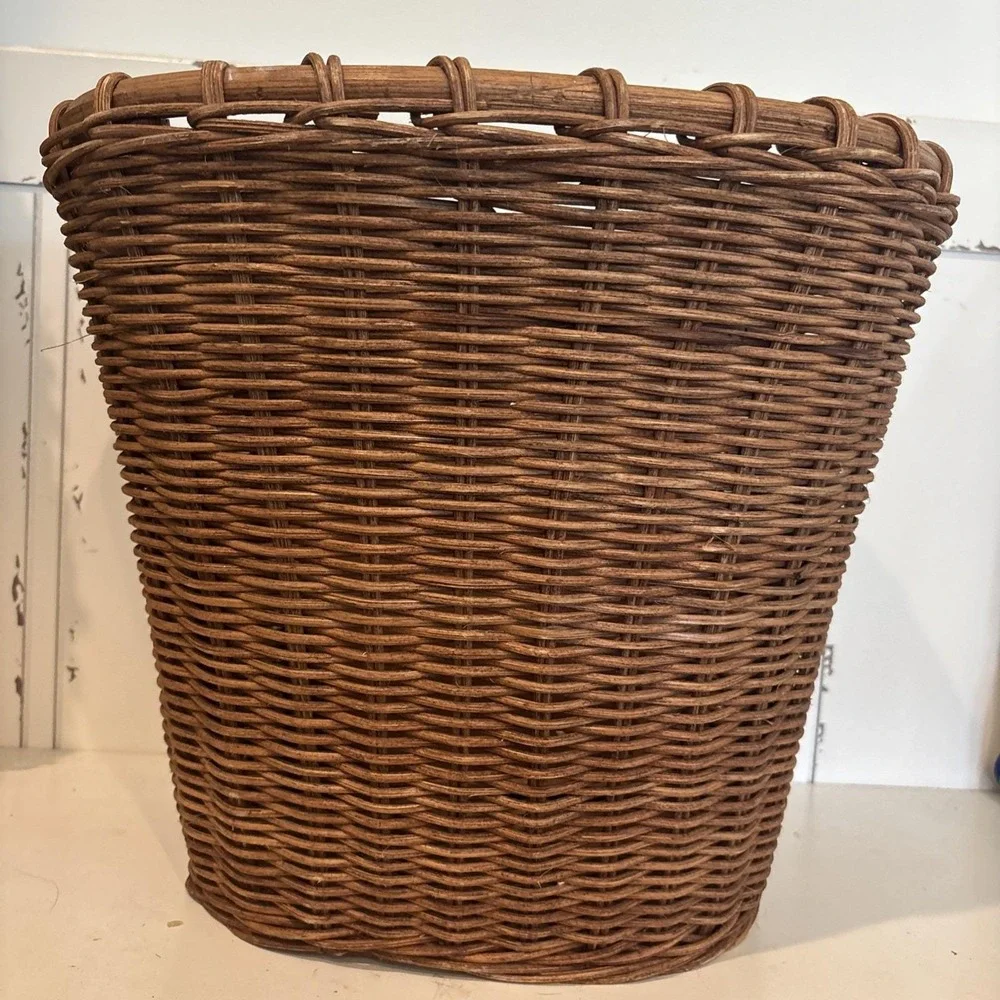VTG Creel Wicker Waste Basket Hand Painted Trout Fish Wood Panel Cabin Lake 13